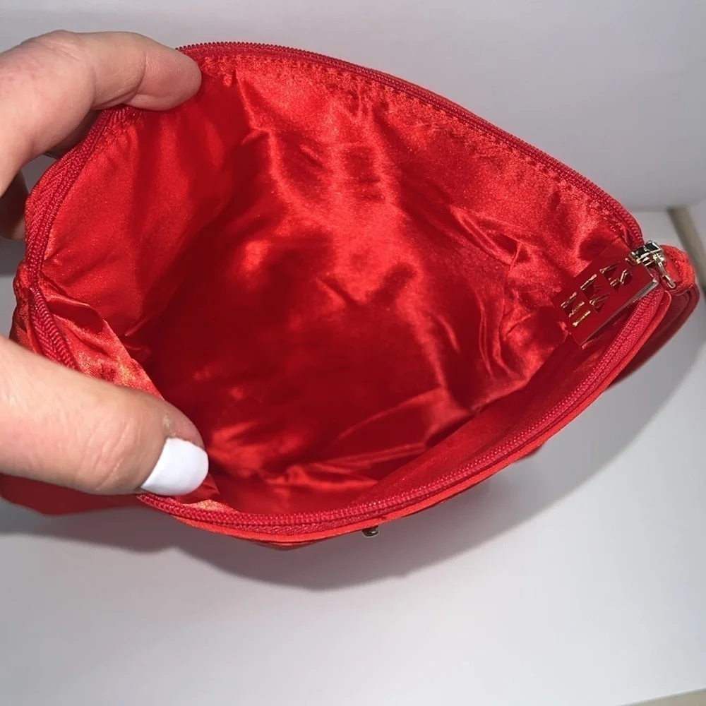 Giorgio Armani Red Satin Foldover Snap Zip Large Wristlet Clutch Bag - New